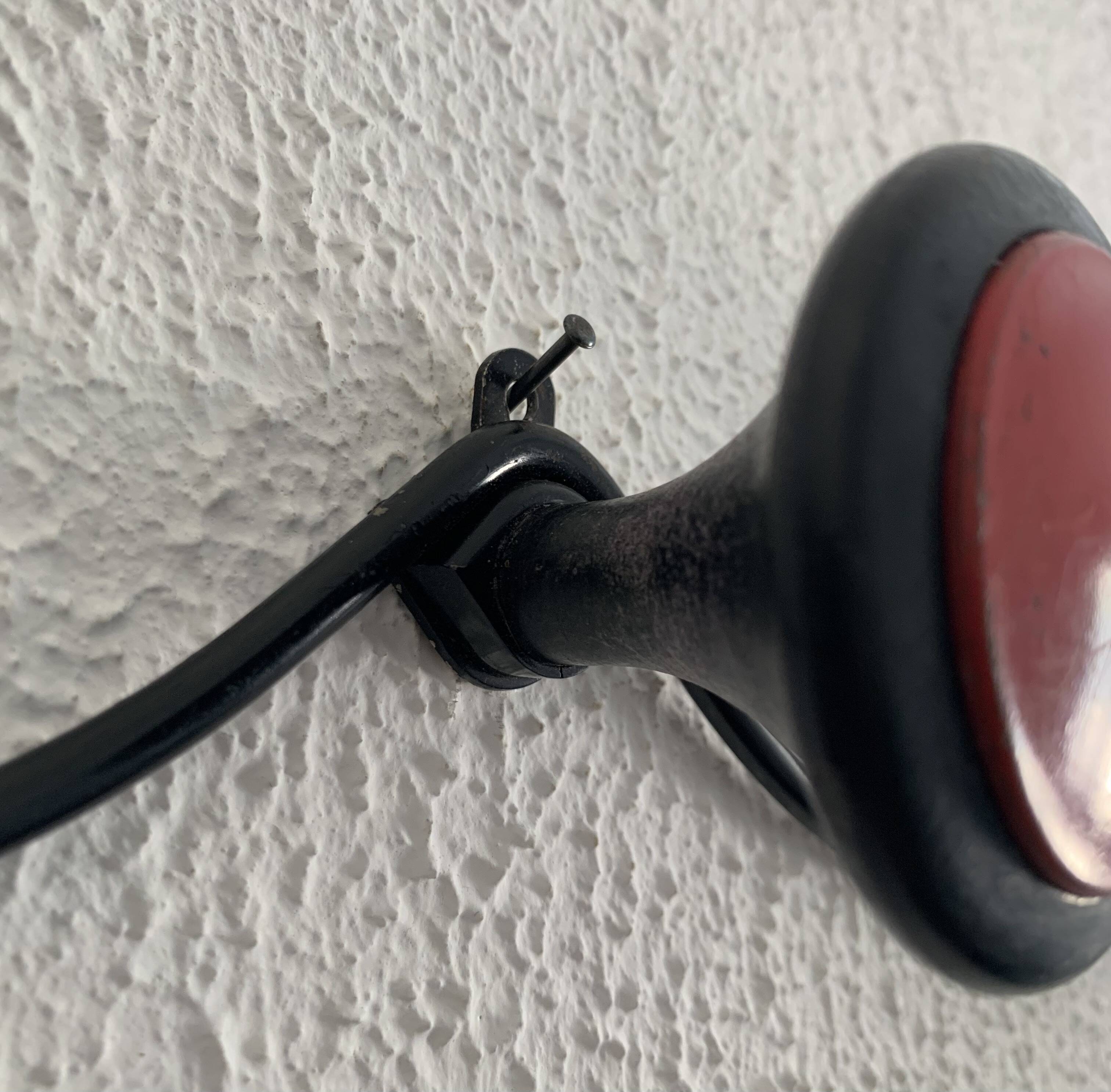 Vintage 1960s red and black coat rack with 3 wall hooks - 45 x 7 cm