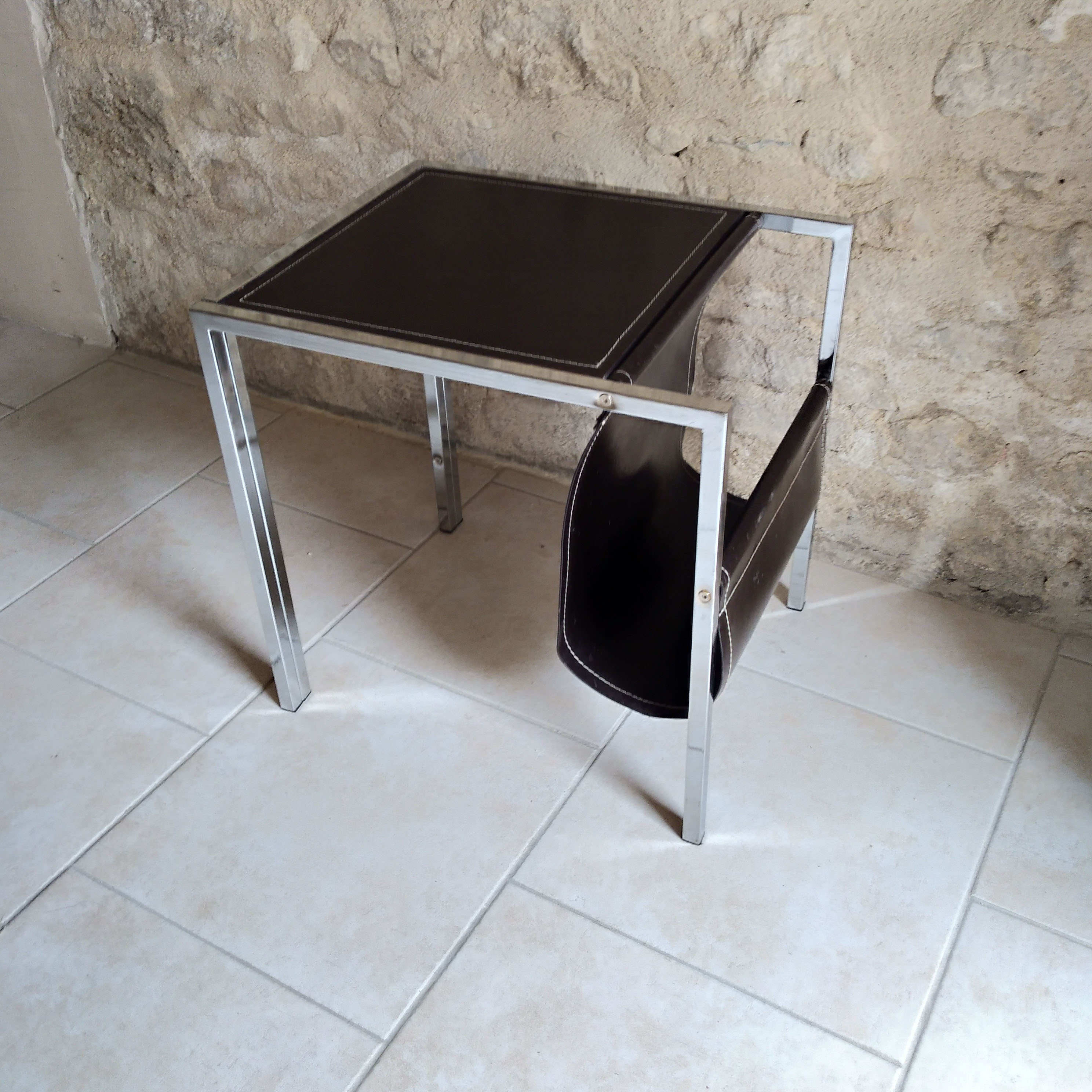 Leather and steel side table 1970