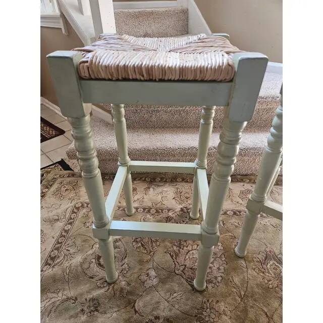 Vintage European Rustic Painted Straw Bar Stools - Set of 2
