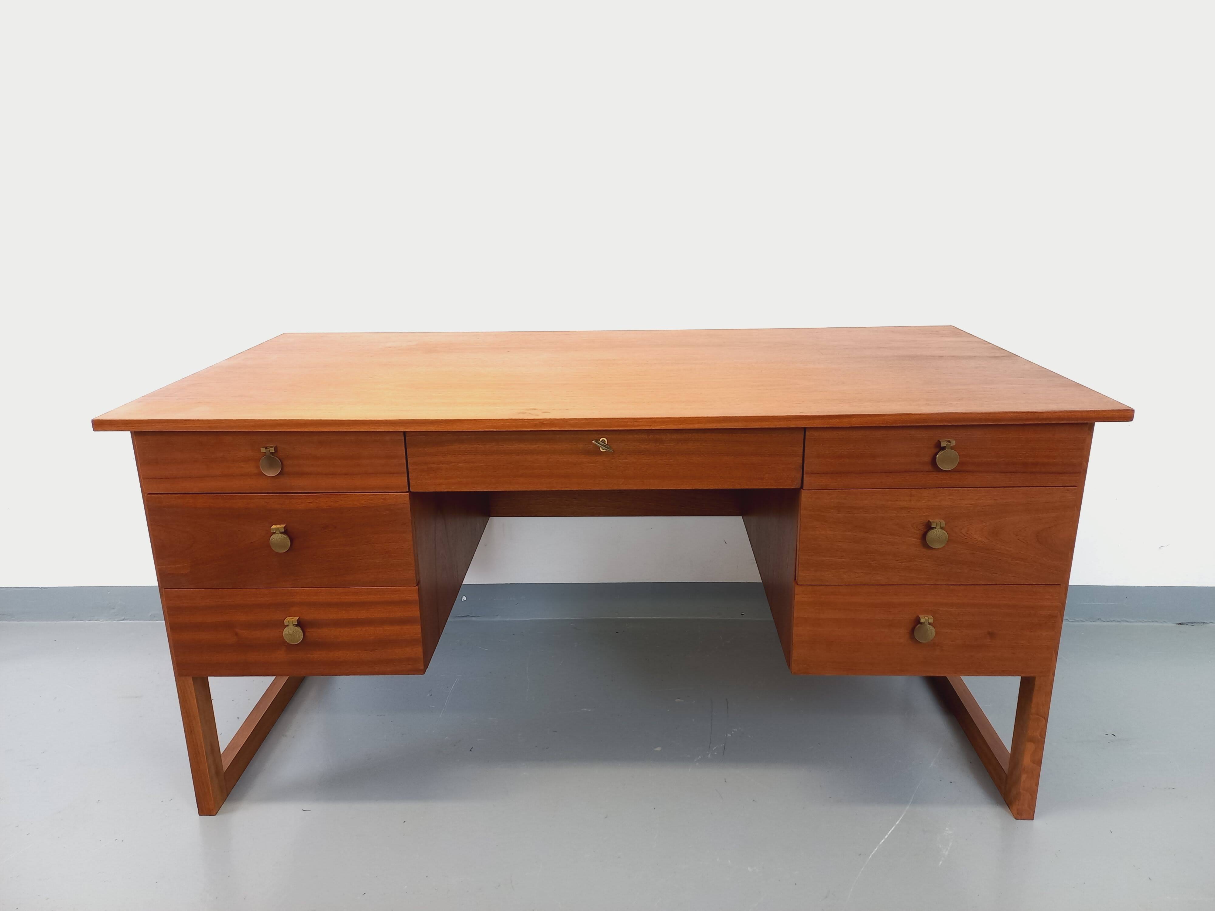 Double-sided executive desk sled legs vintage Scandinavian style in teak from the 60s