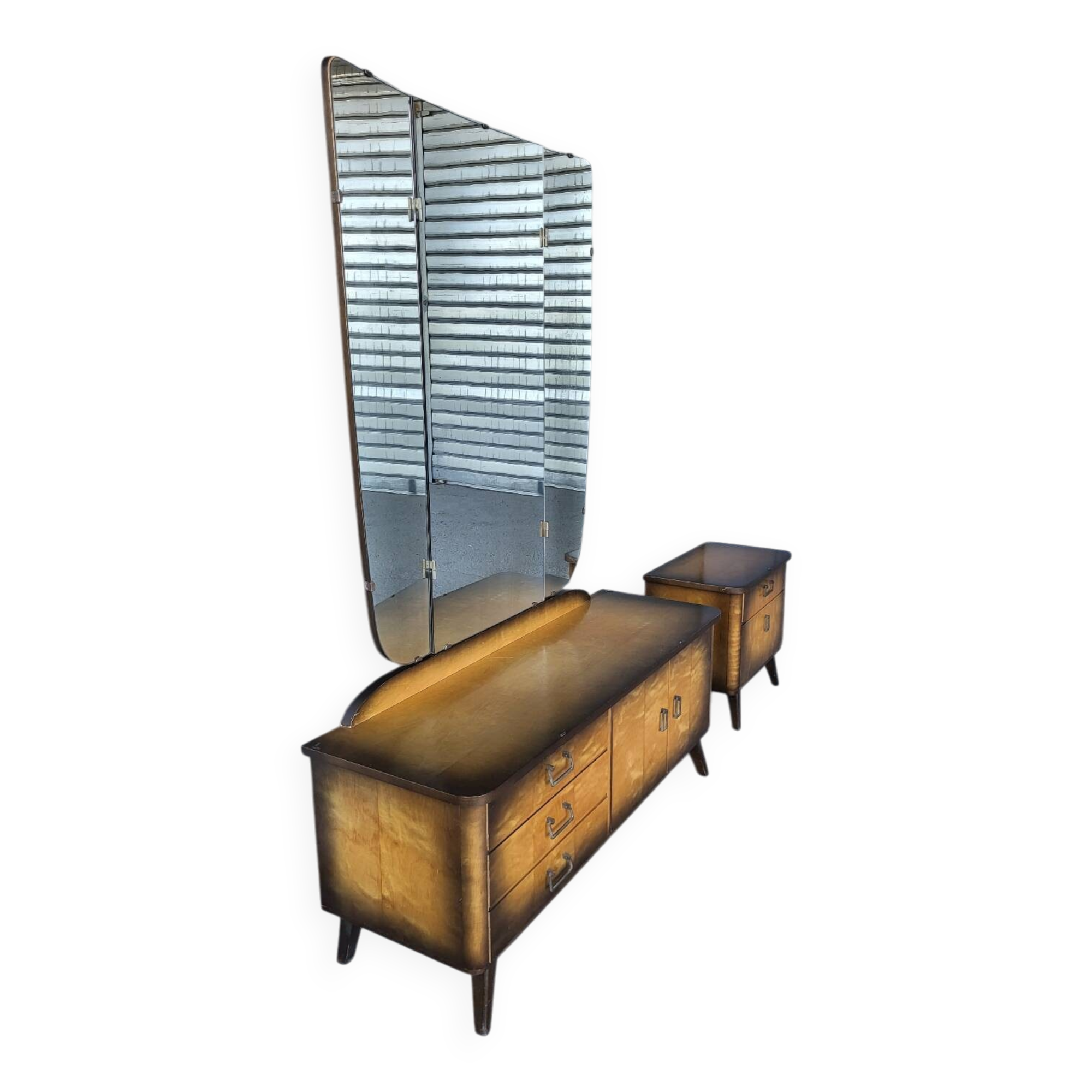Vintage Scandinavian style dressing table, chest of drawers, triptych mirror and bedside table