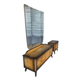 Vintage Scandinavian style dressing table, chest of drawers, triptych mirror and bedside table