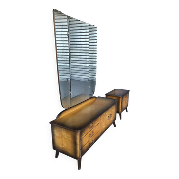 Vintage Scandinavian style dressing table with triptych mirror and bedside table.