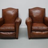 Pair of French Cognac Moustache Back Leather Club Chairs, 1940s