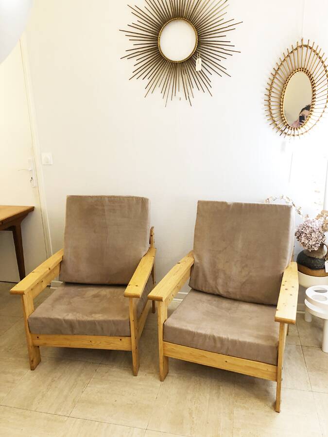 Pair of Scandinavian pine armchairs, 1970