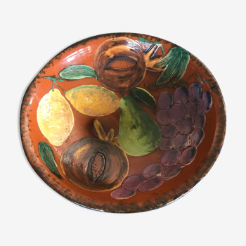 Coupe à fruit ancienne terre cuite décor de peinture de fruits 31,5 cm