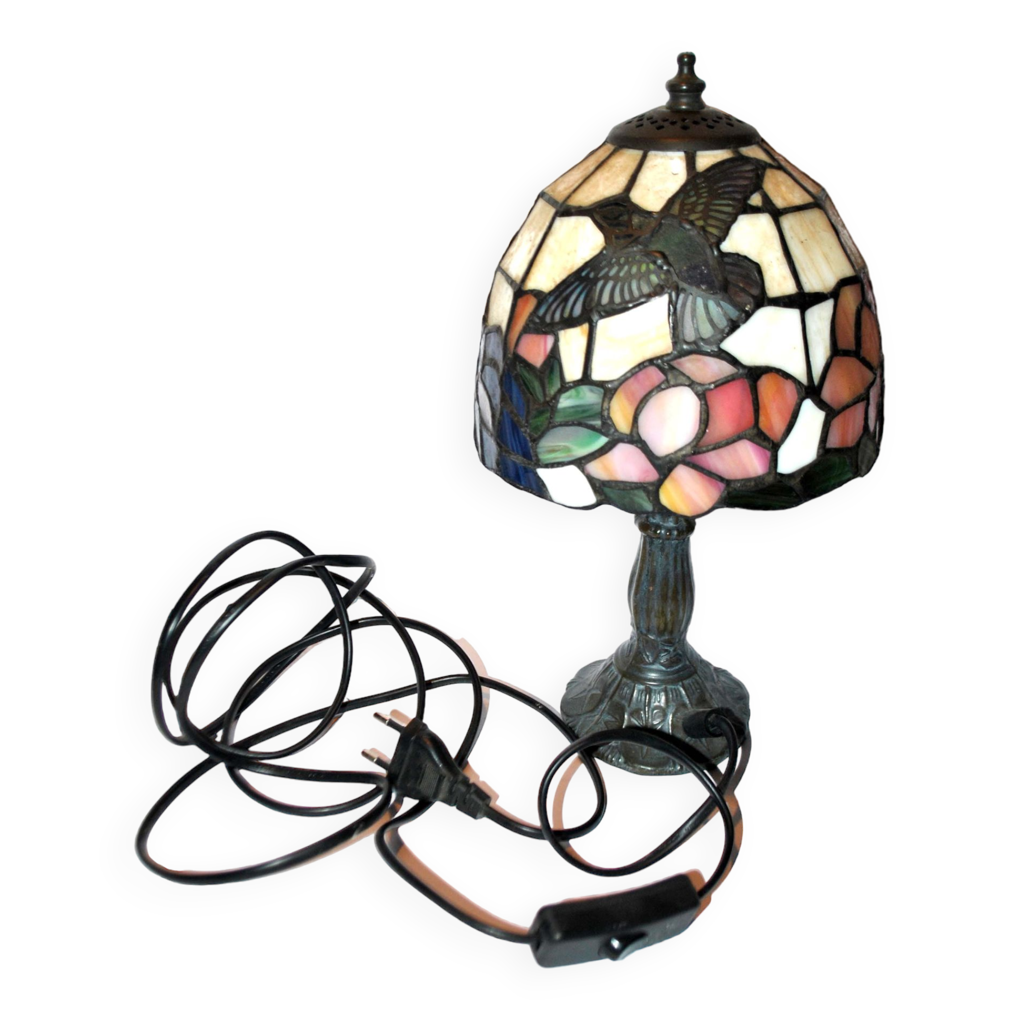 Vintage "hummingbird bird" tiffany style table lamp in stained glass paste window - late 20th century.
