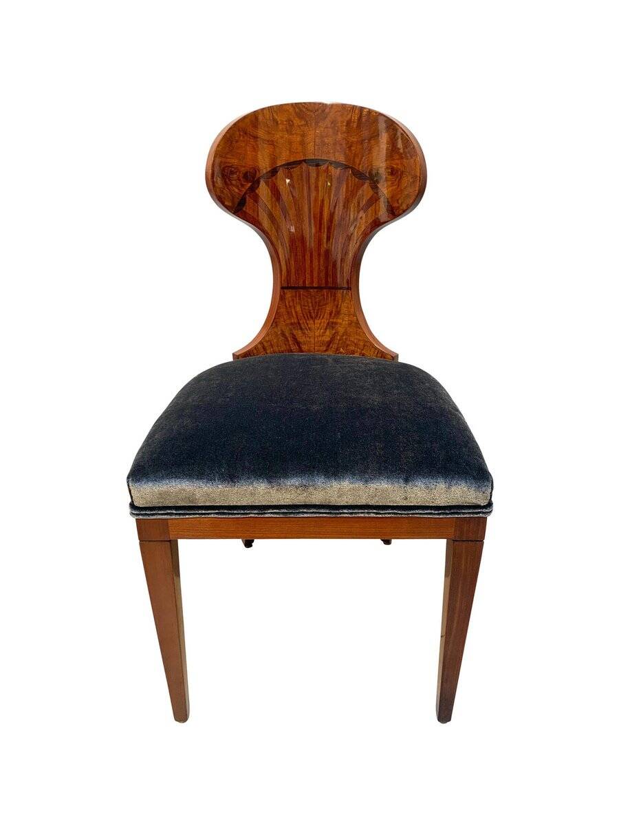 Biedermeier Ballon Chairs, Ash Veneer, Grey Velvet, Vienna, 1900, Set of 4