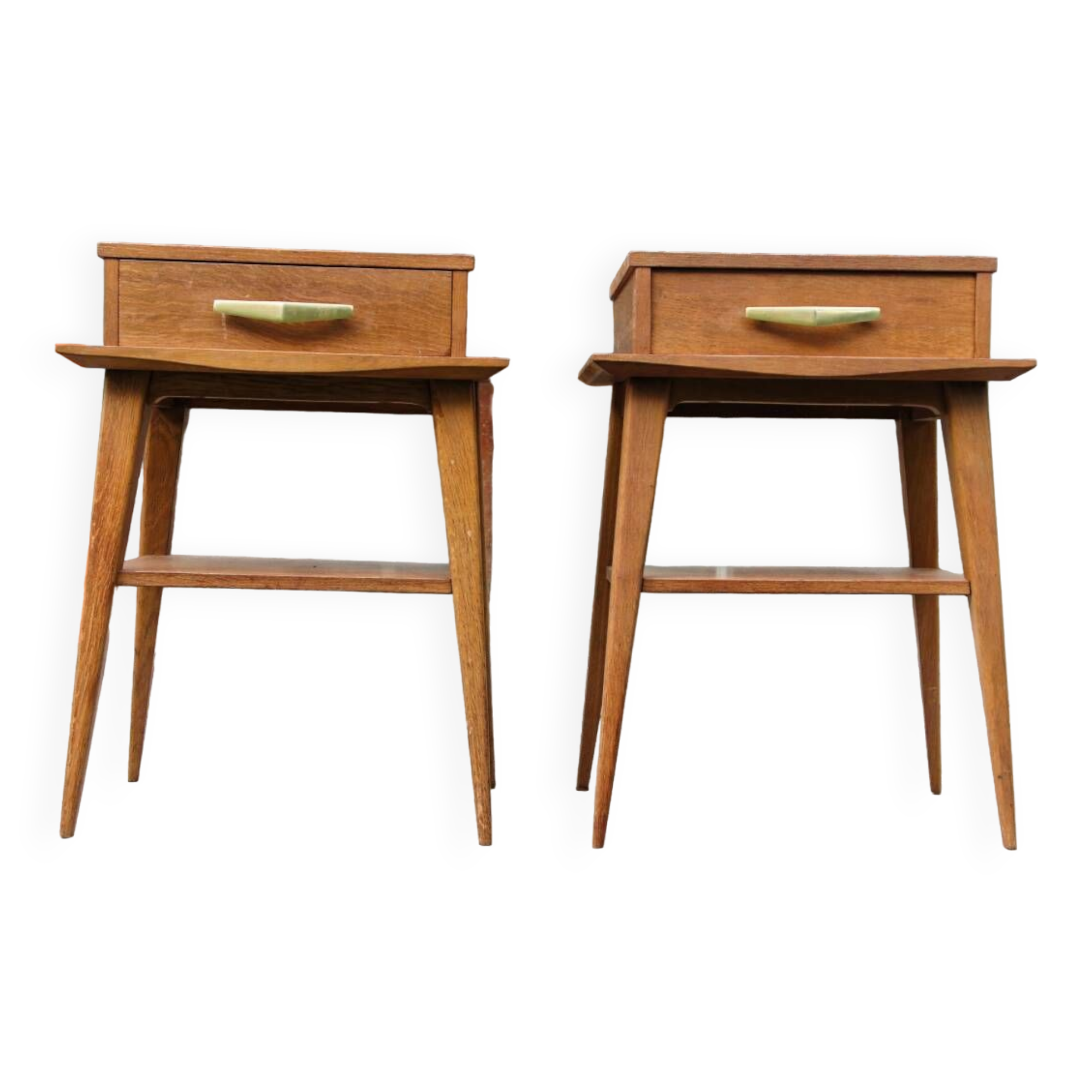 Pair of bedside tables, 1950s, compass legs
