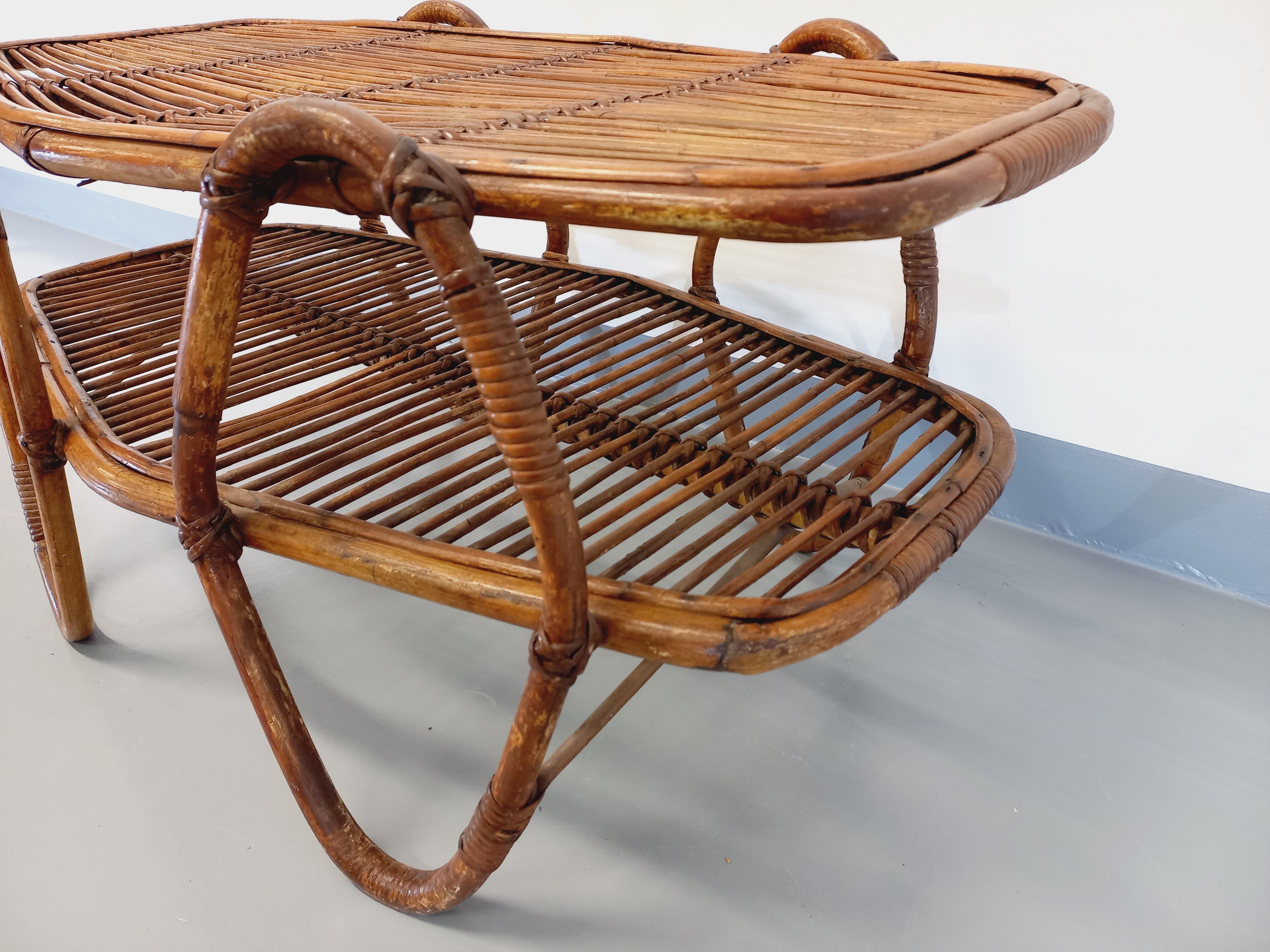 Coffee table with magazine tray in vintage rattan from the 60s