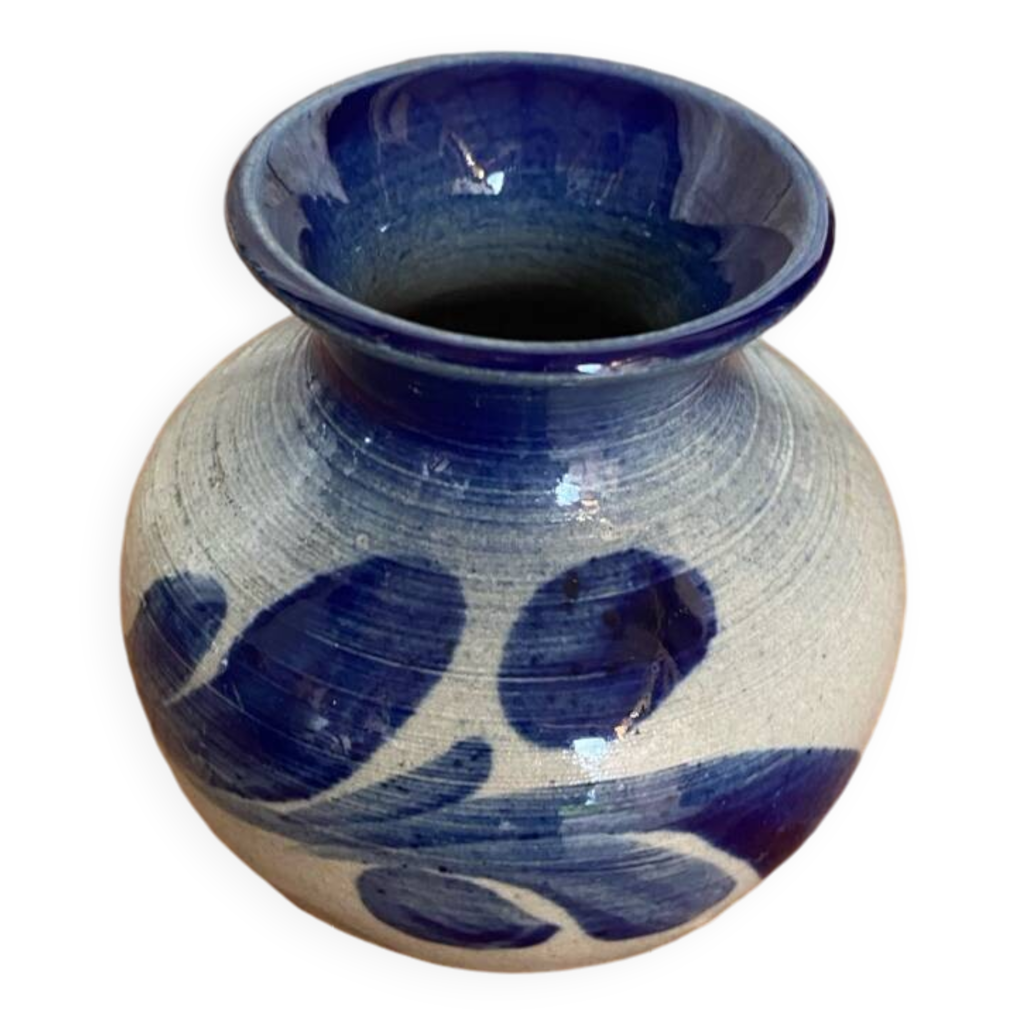 Antique alsace vase anne ehret grey blue stoneware vintage flower decor