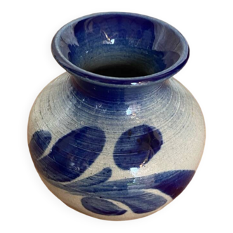 Antique alsace vase anne ehret grey blue stoneware vintage flower decor