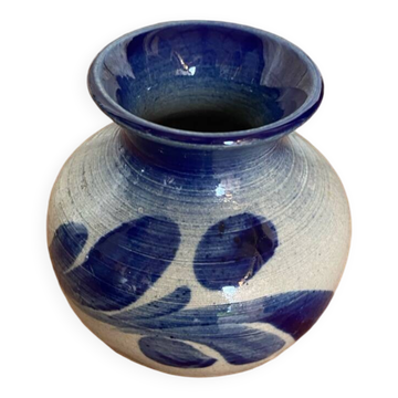 Ancien vase alsace anne ehret grès gris bleu décor fleurs vintage