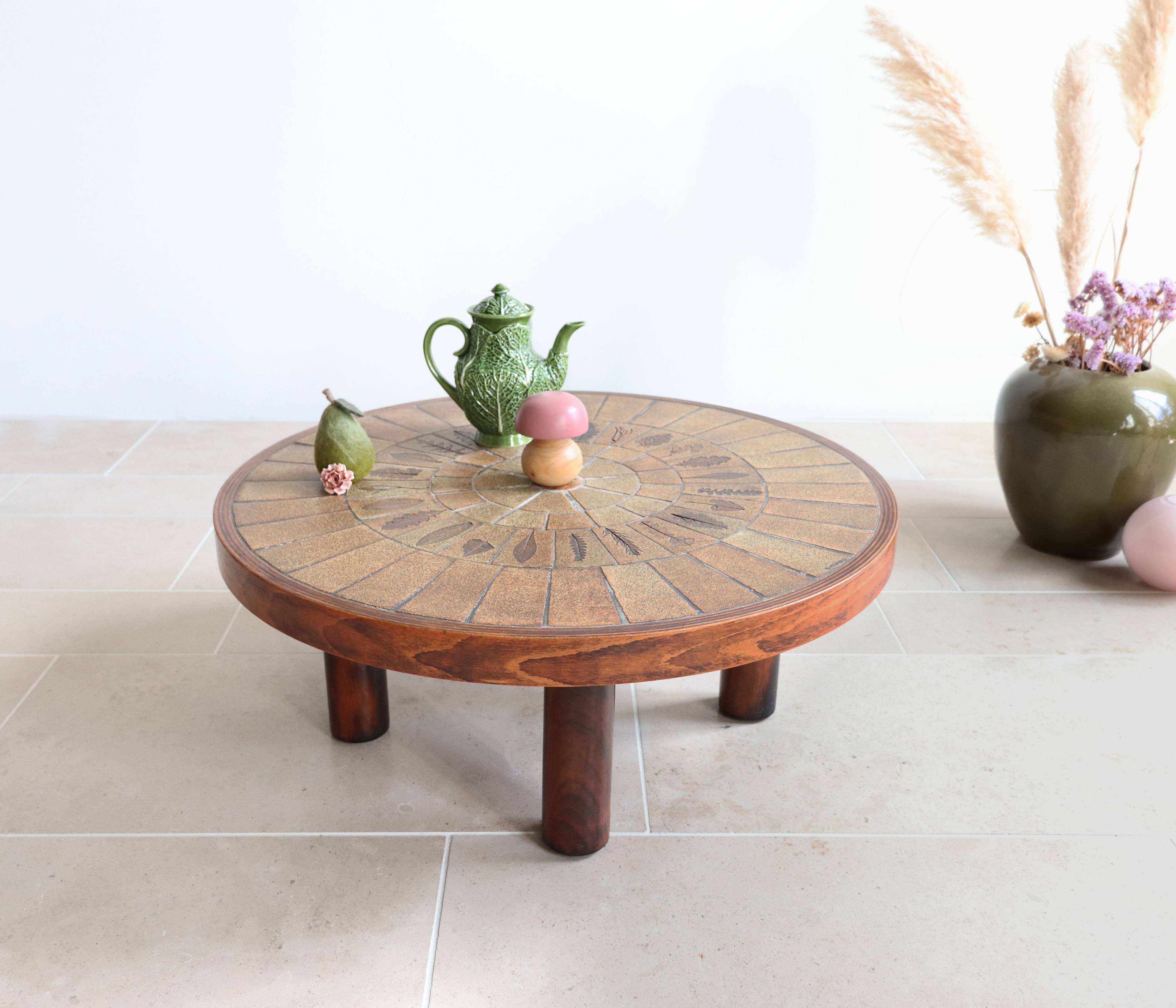 Round coffee table in wood and ceramic by Roger Capron, herbier/garrigue model, 60s/70s