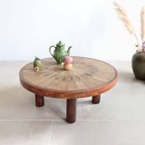 Round coffee table in wood and ceramic by Roger Capron, herbier/garrigue model, 60s/70s