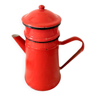 Cafetière ancienne vintage en émail émaillée rouge