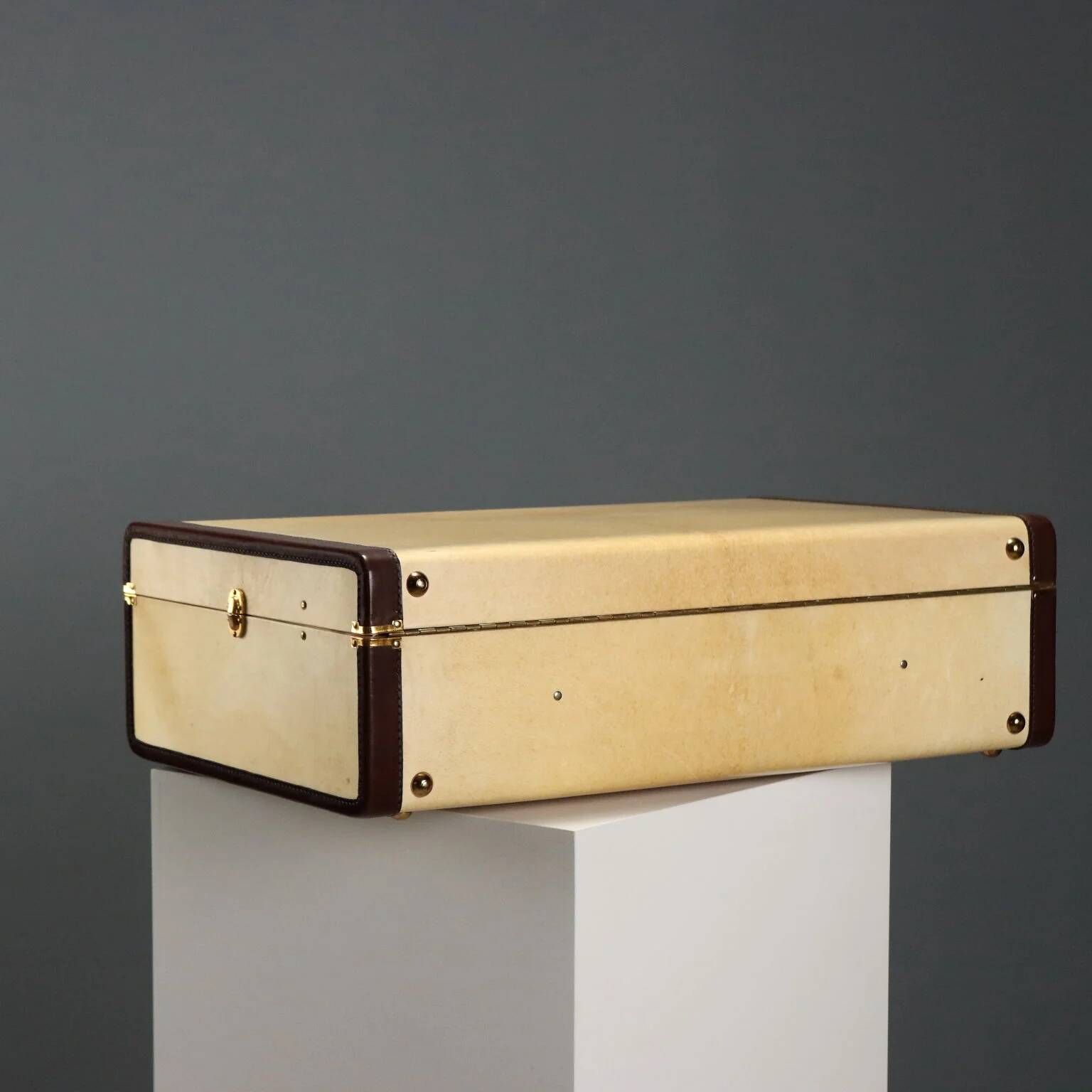 Vintage suitcase in parchment, cotton and leather, Italy, 1960s