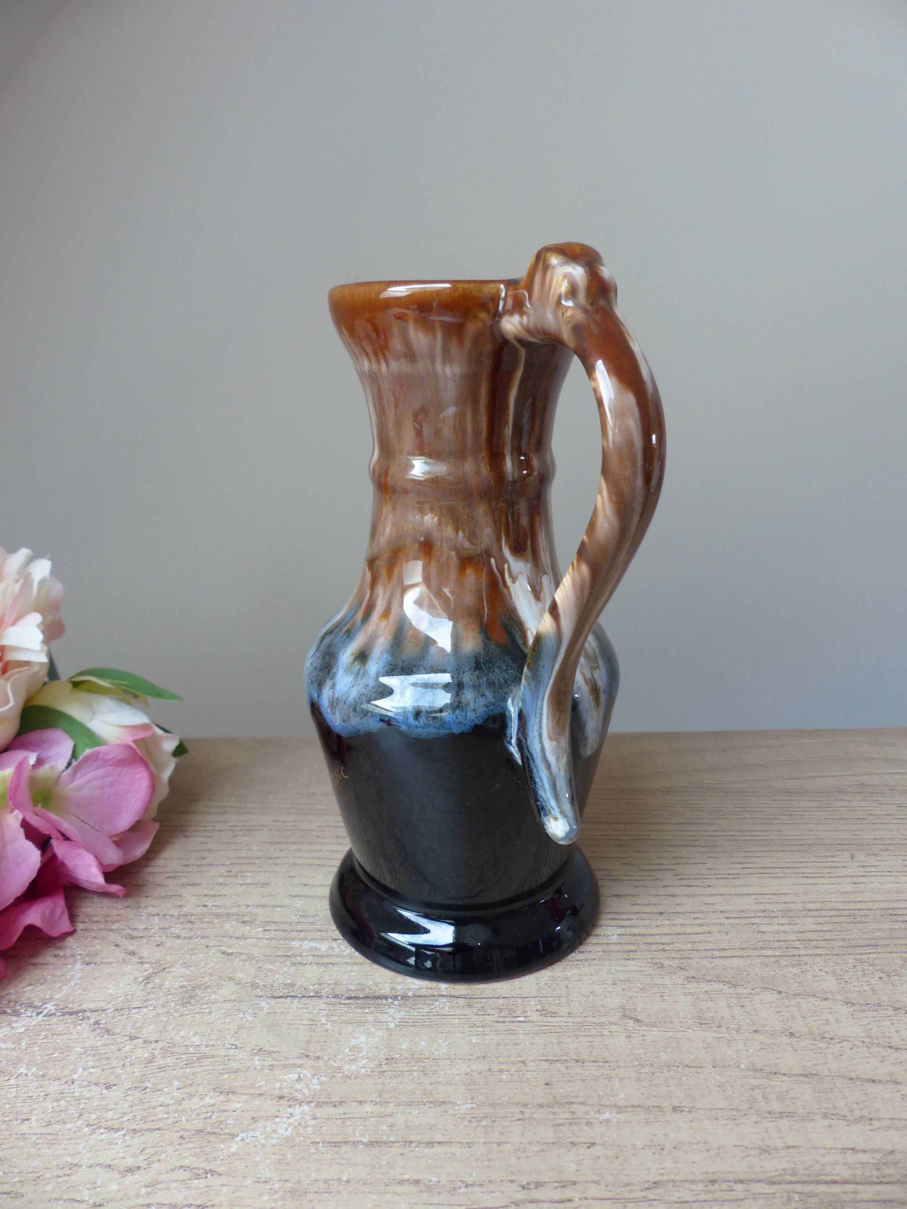 Old wine pitcher carafe in brown and blue flamed stoneware vintage 1960