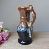 Ancien pichet à vin carafe en grès flammé marron et bleu vintage 1960