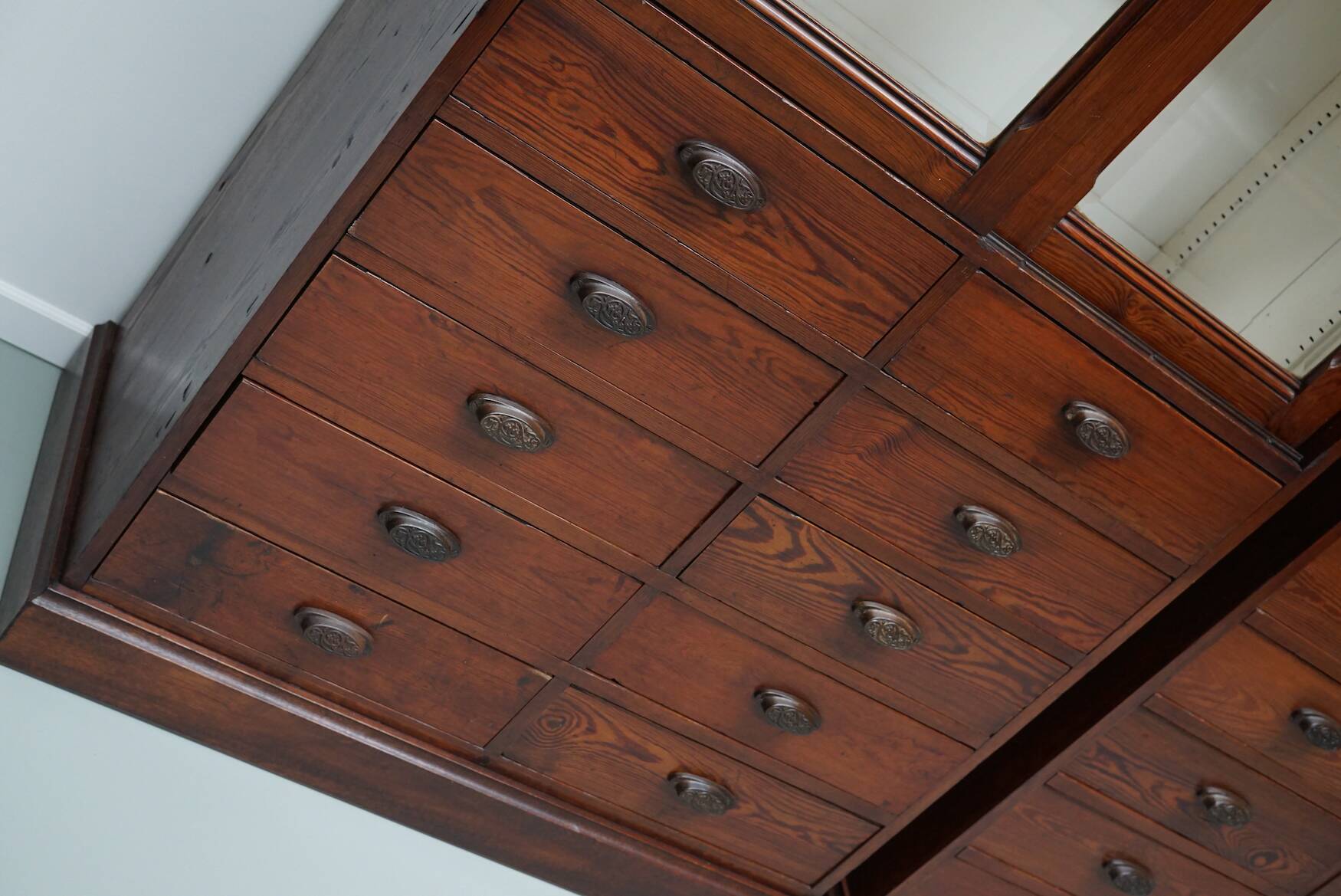 Large Antique Belgian Pitch Pine Apothecary Shop Cabinet / Vitrine, ca 1900