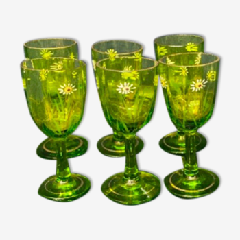 Lot de 6 verres émailles à décor fleur et dorée fait main couleur vert