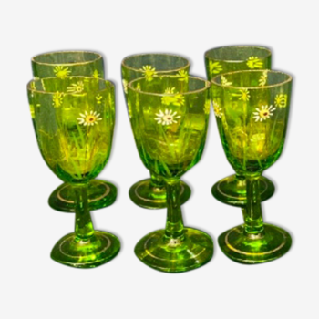 Set of 6 enamel glasses decorated flower and gold handmade green color