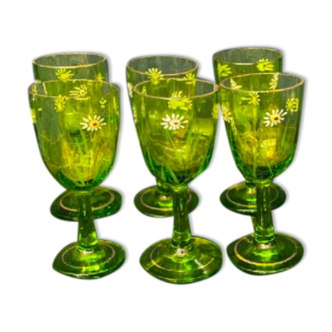 Set of 6 enamel glasses decorated flower and gold handmade green color