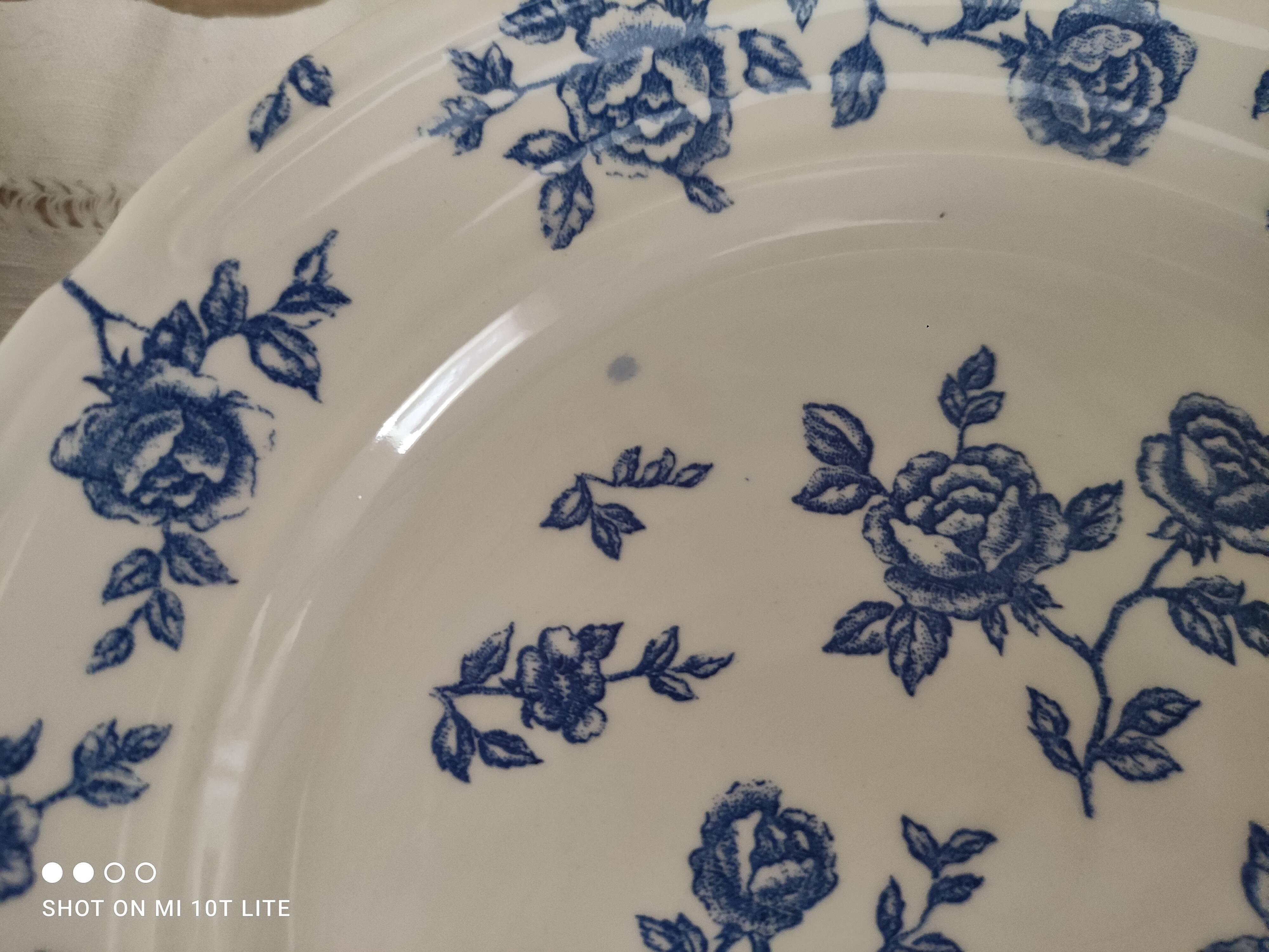 Lot de 6 assiettes à dessert en faïence décor roses anciennes bleues