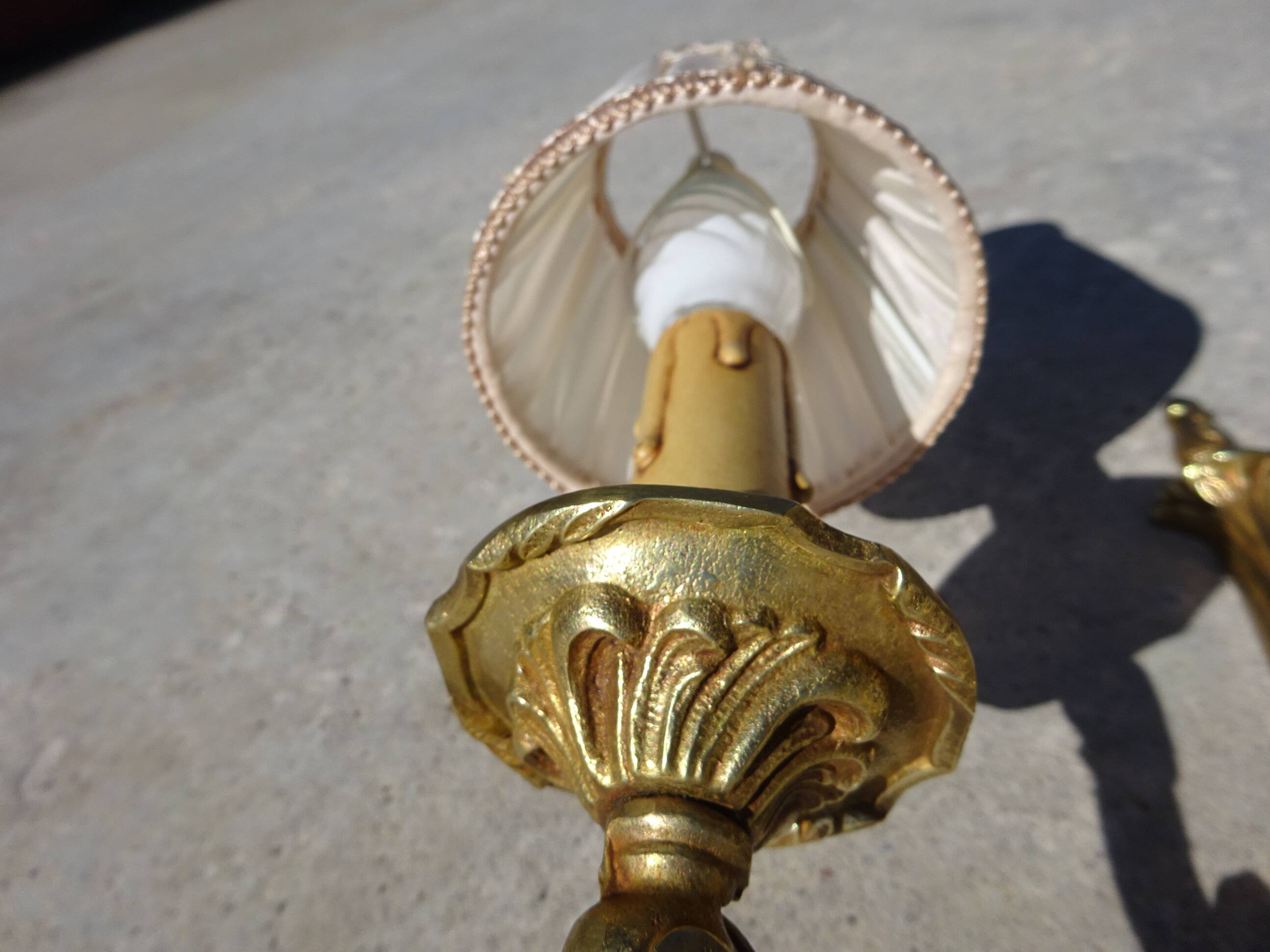 Bronze wall sconces, silk shades, pair