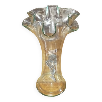 Glass vase with pewter floral decor