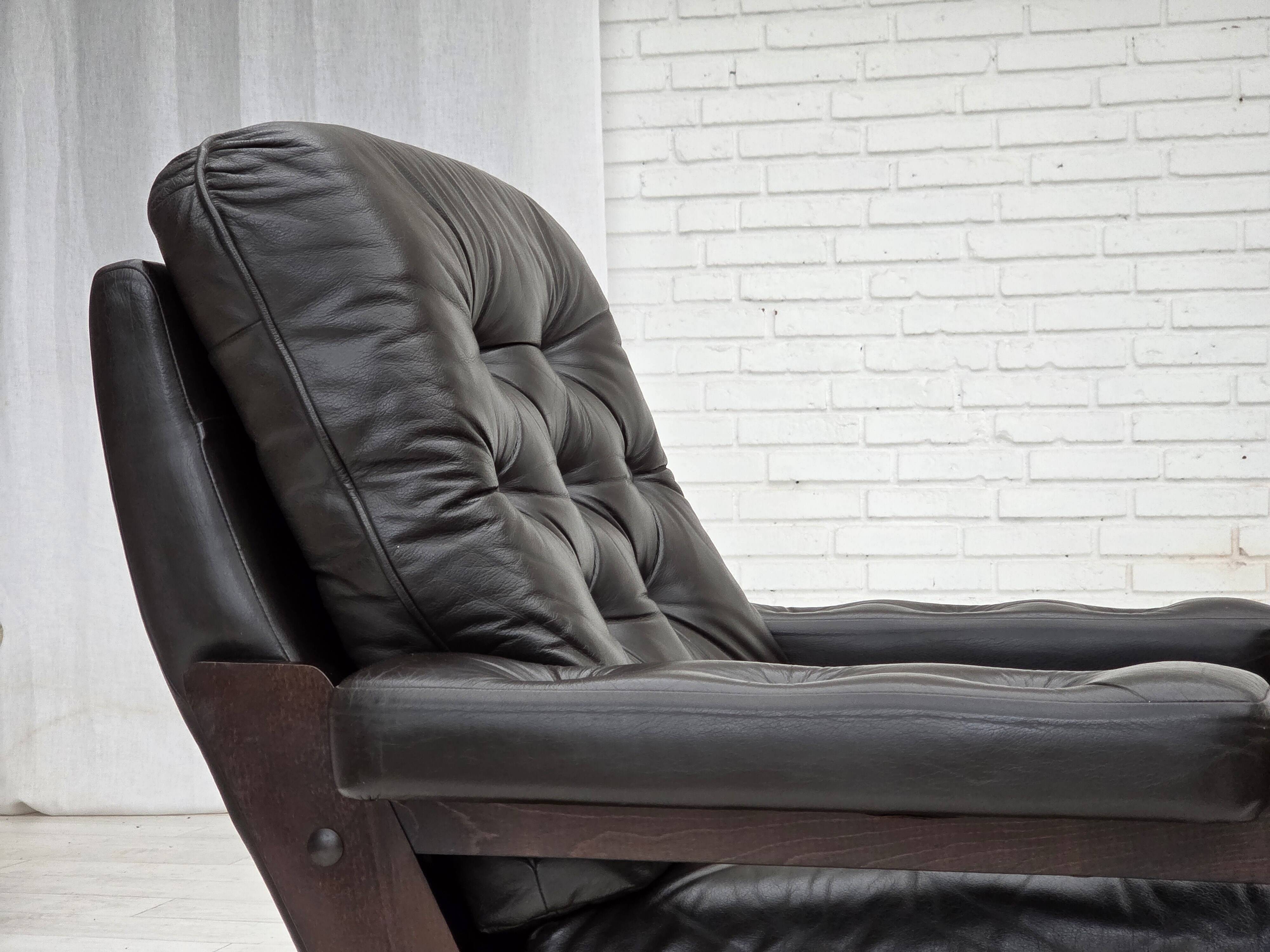 1970s, Danish armchair, brown furniture leather, oak wood.