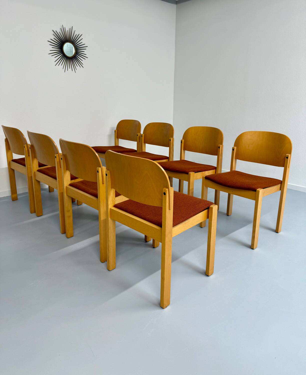 Lot of 8 old Scandinavian design wooden chairs from the 80s vintage