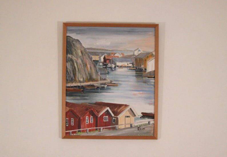 Mid Century Oil on Canvas – “Port View” by Rita Hansen – Vintage & Framed