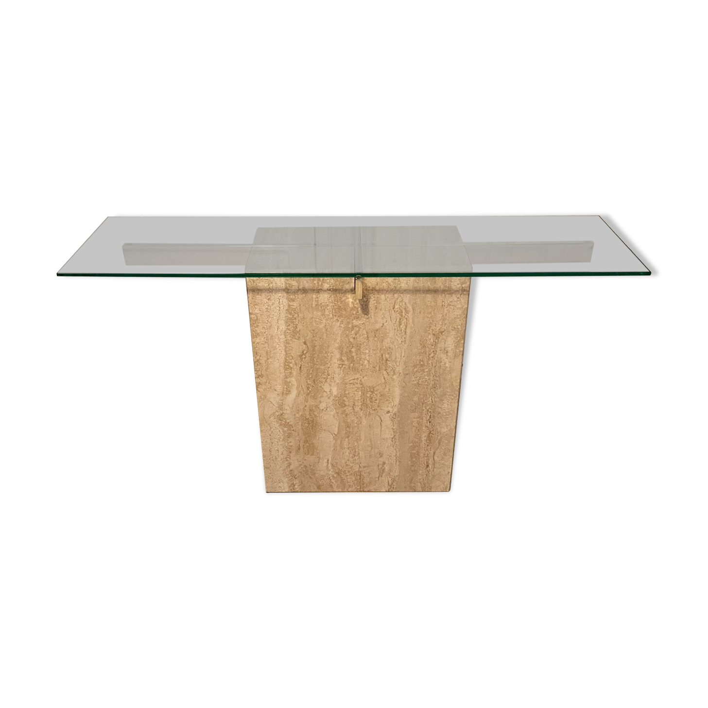 Travertine console and gold metal cross, Italy, 1970s