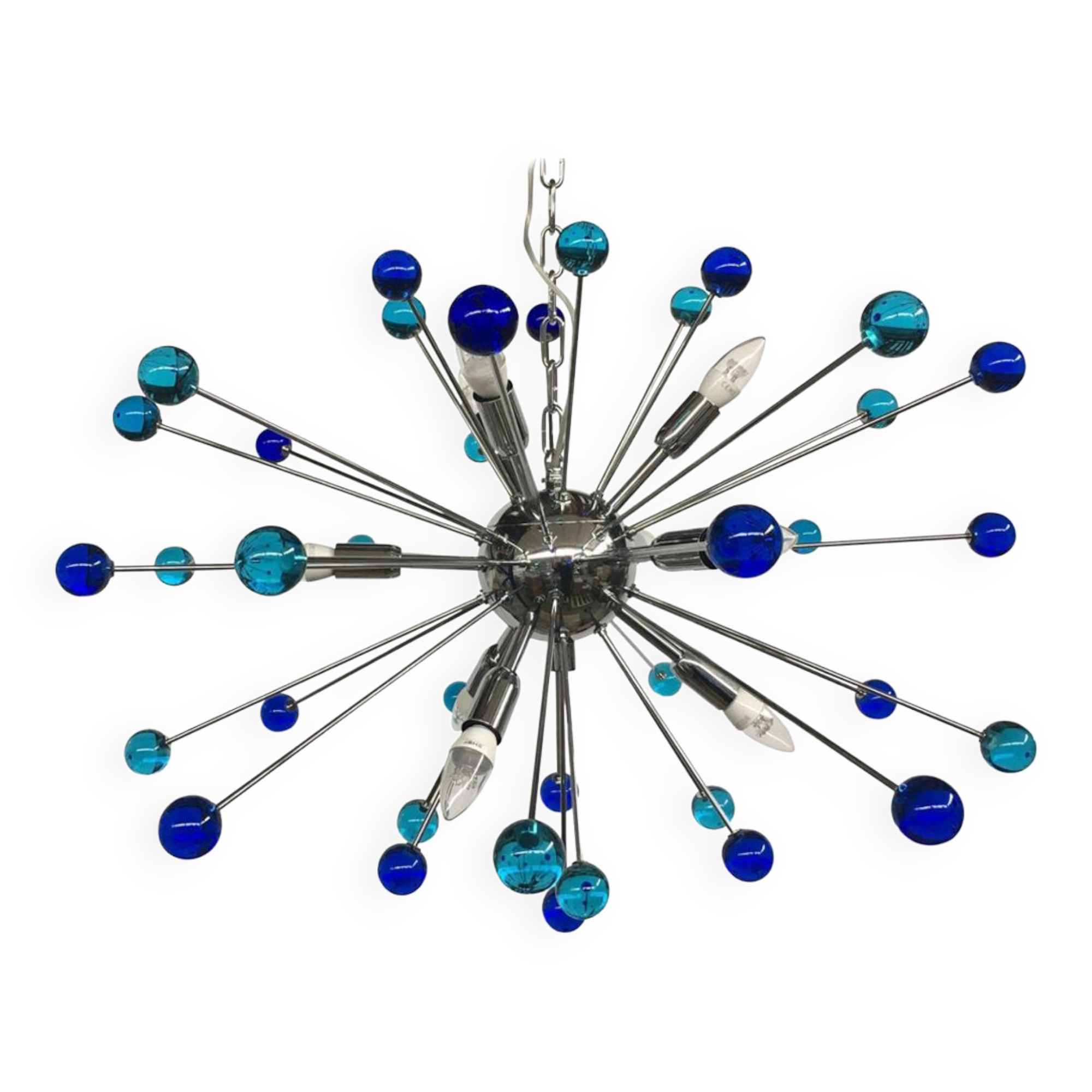 Light-blue and dark-blue “star” murano glass oval sputnik chandelier