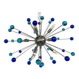 Light-blue and dark-blue “star” murano glass oval sputnik chandelier