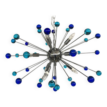 Lustre ovale spoutnik en verre de murano bleu clair et bleu foncé « étoile »