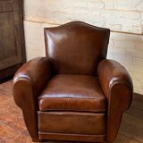 French leather club chair, chapeau de gendarme model, circa 1940