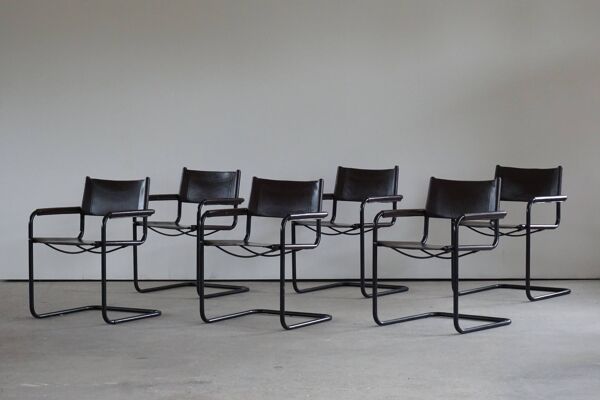 Ensemble De 6 fauteuils En Porte-À-Faux Vintage En cuir Brun Par Linea Veam, Italie, Années 70