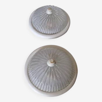 Ceiling lights (pair) round glass and white wood