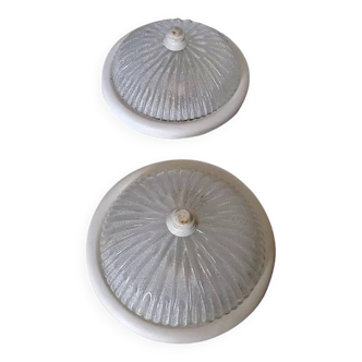 Ceiling lights (pair) round glass and white wood