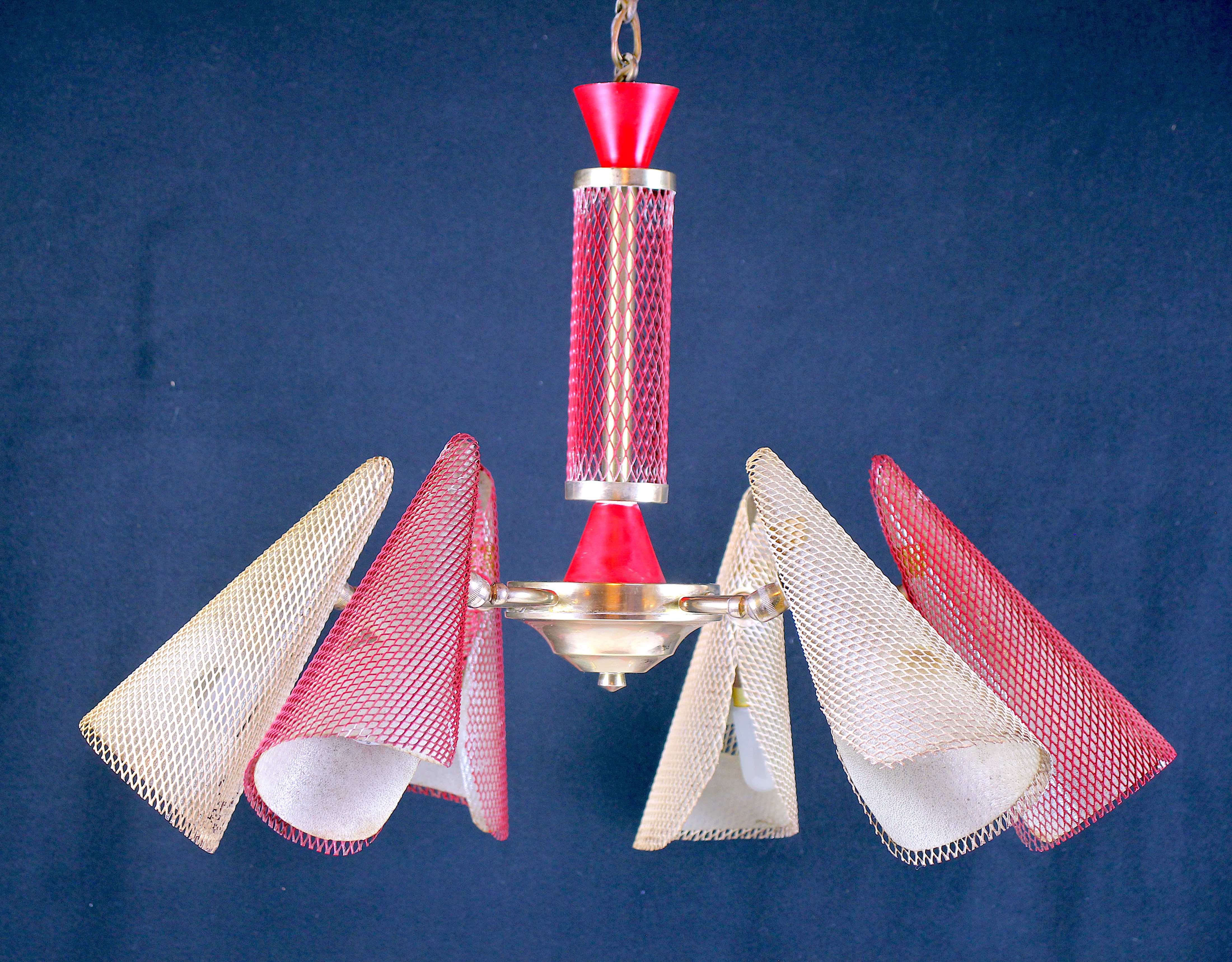 Bi-color chandelier, perforated metal, France Mid-Century