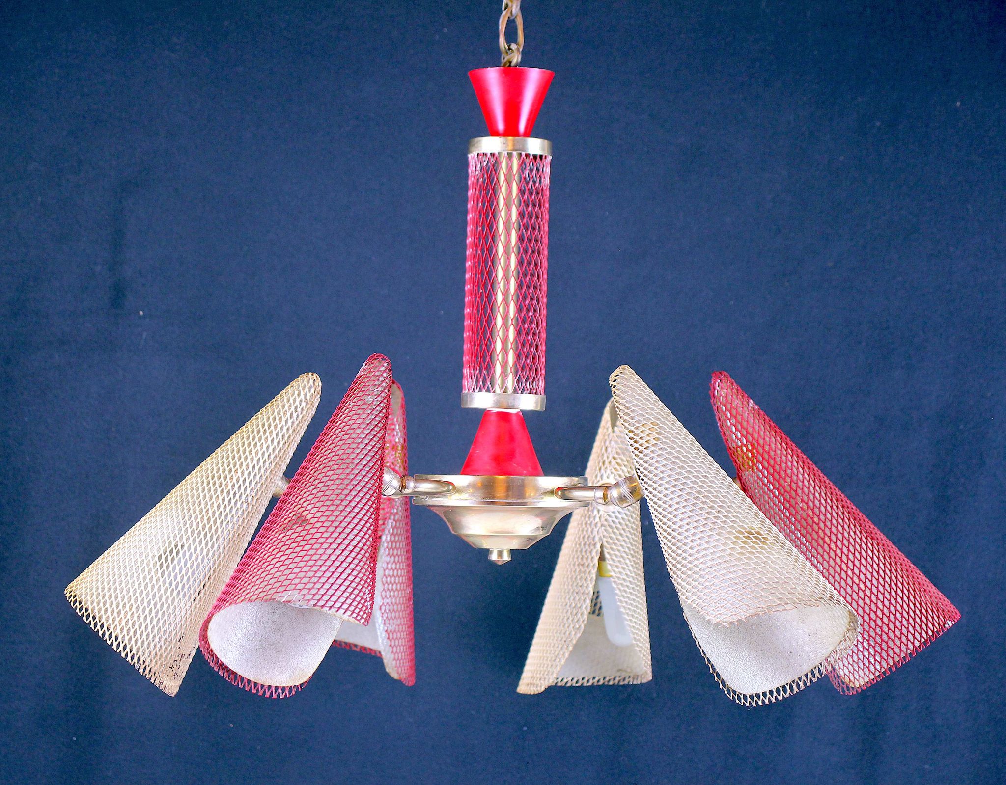 Bi-color chandelier, perforated metal, France Mid-Century