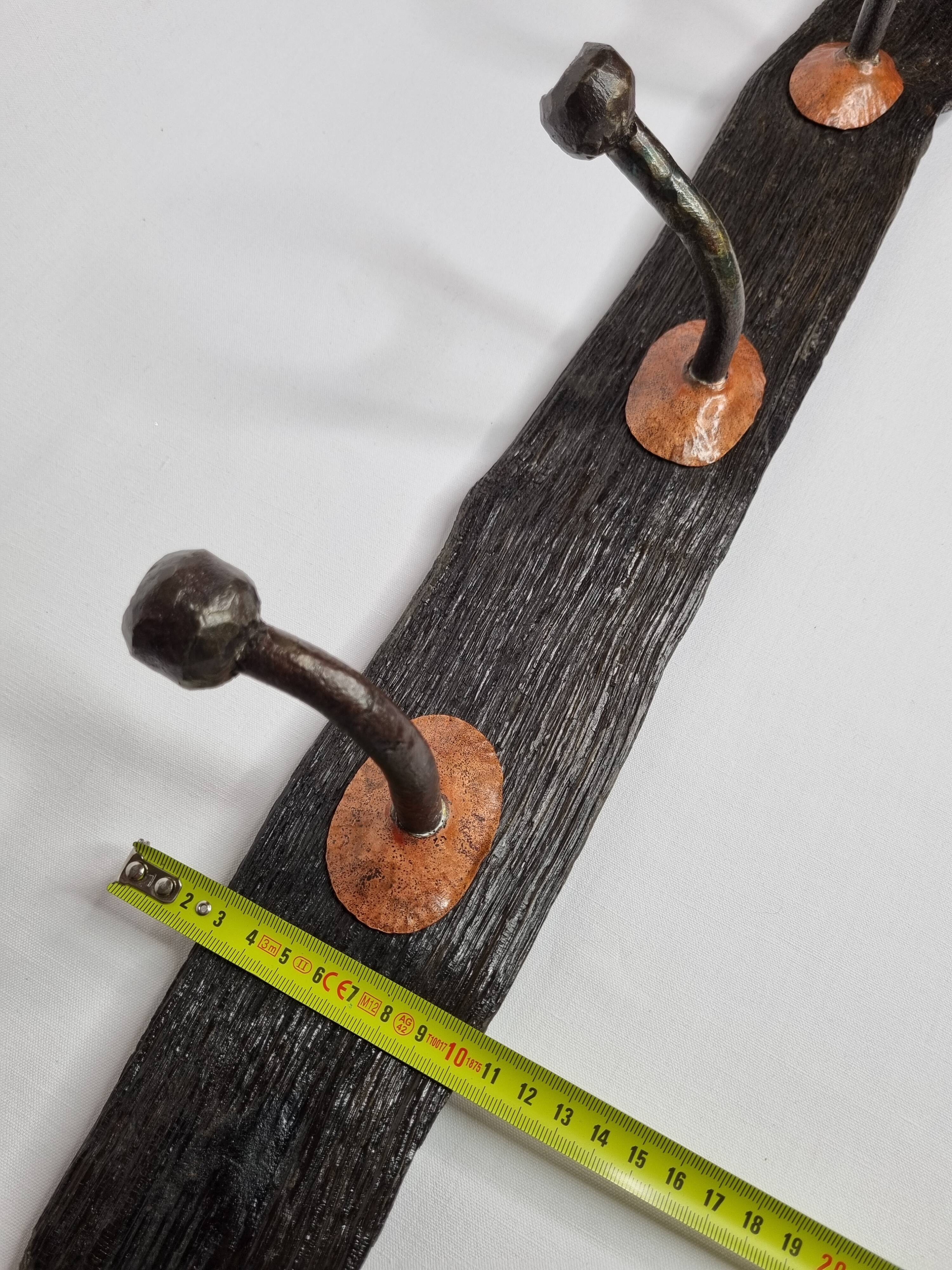 Handcrafted wall coat rack in driftwood, copper and forged steel, 3 hooks, 63 cm