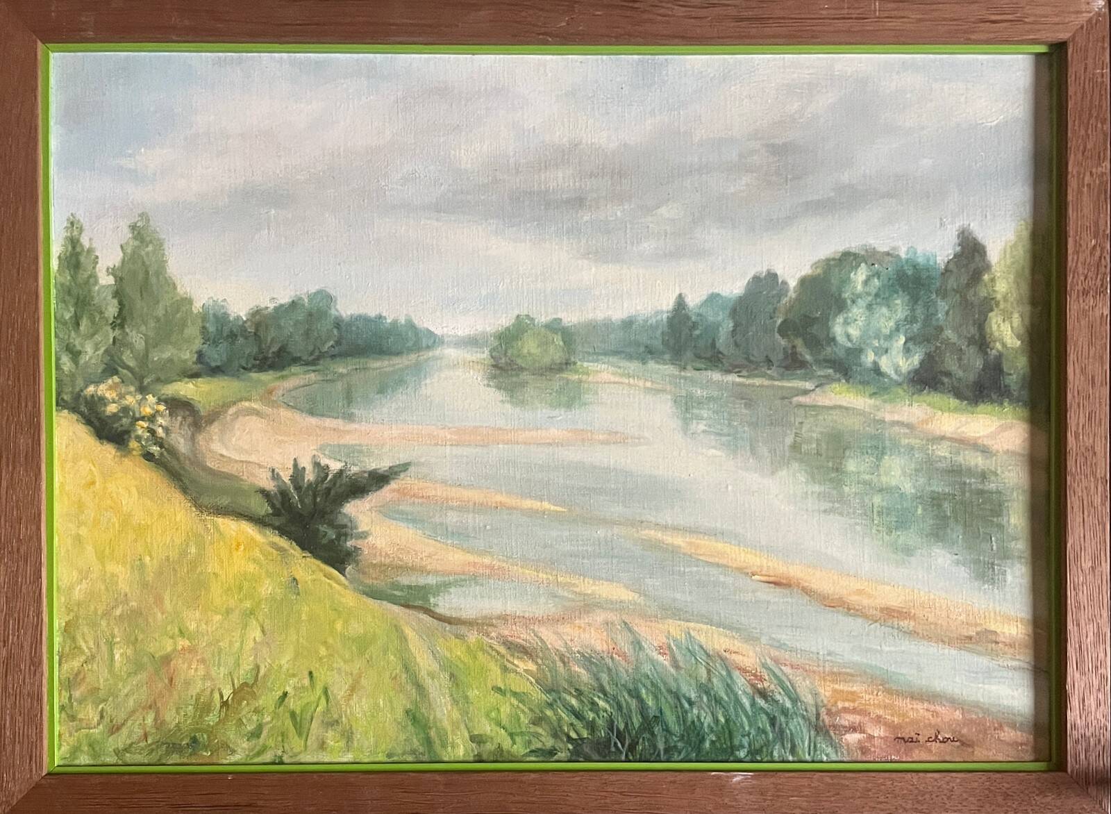 Oil painting on canvas, "Tree-lined Riverbank," signed, 20th century