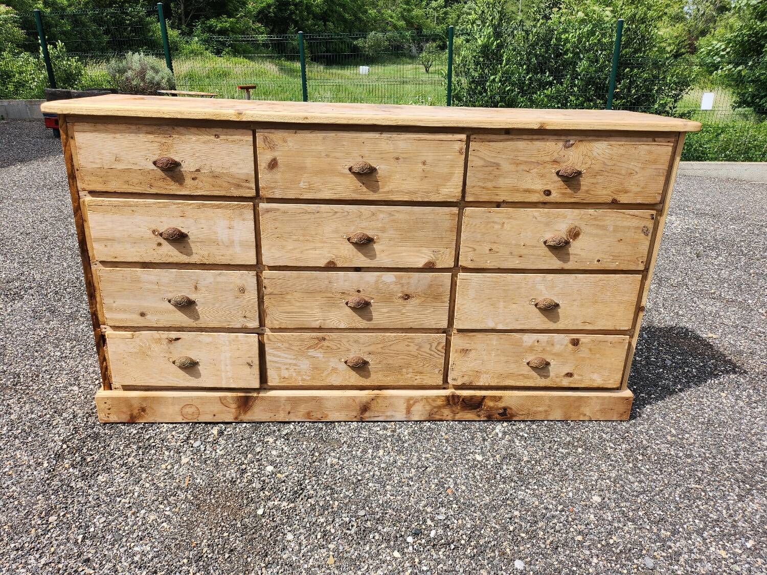 Antique fir wood workshop cabinet with drawers