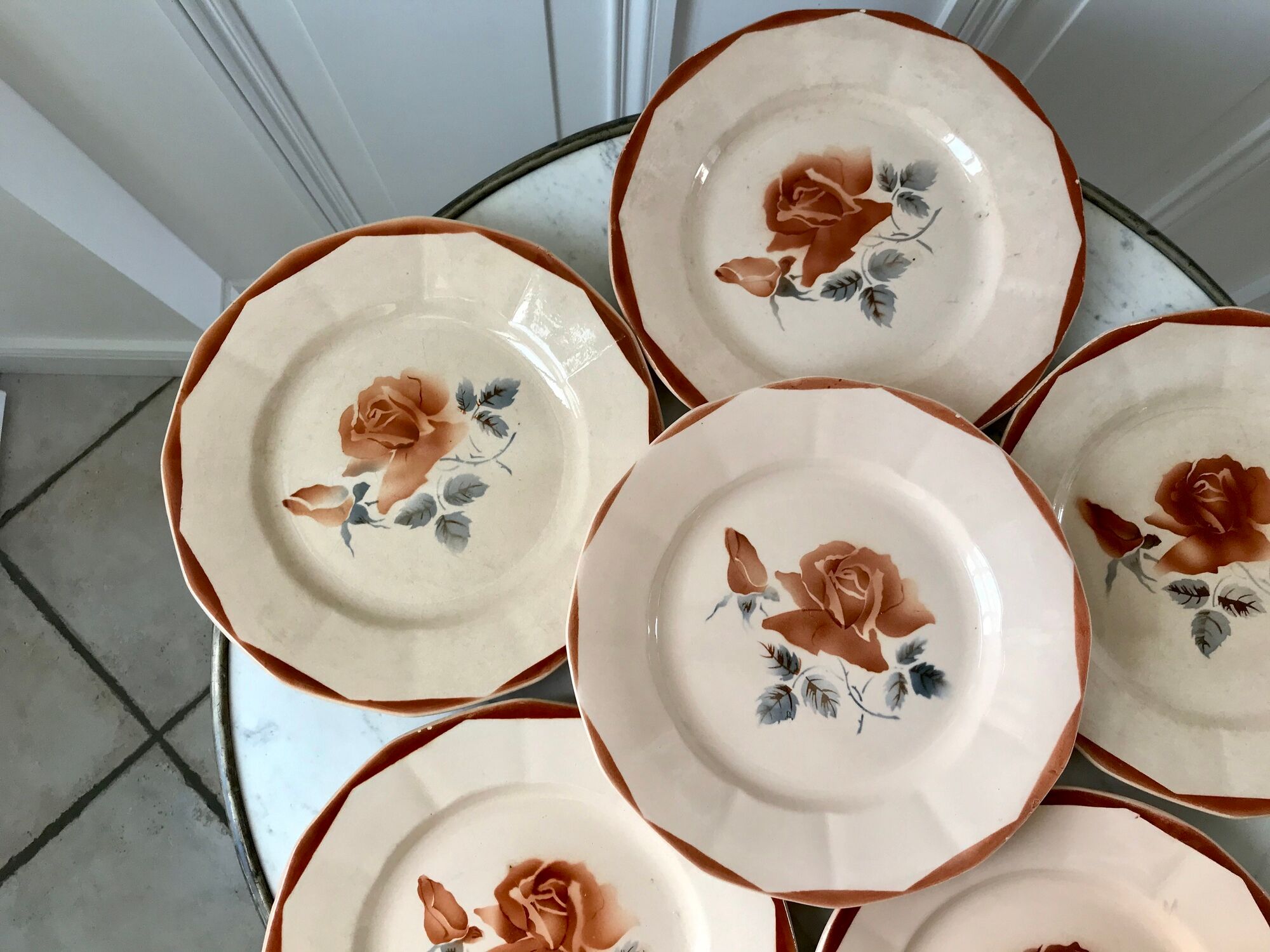 Set of 6 flat plates Digoin Sarreguemines pink flowers years 30-40