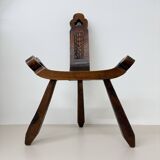 Brutalist hand carved oak Spanish tripod chair , 1970s