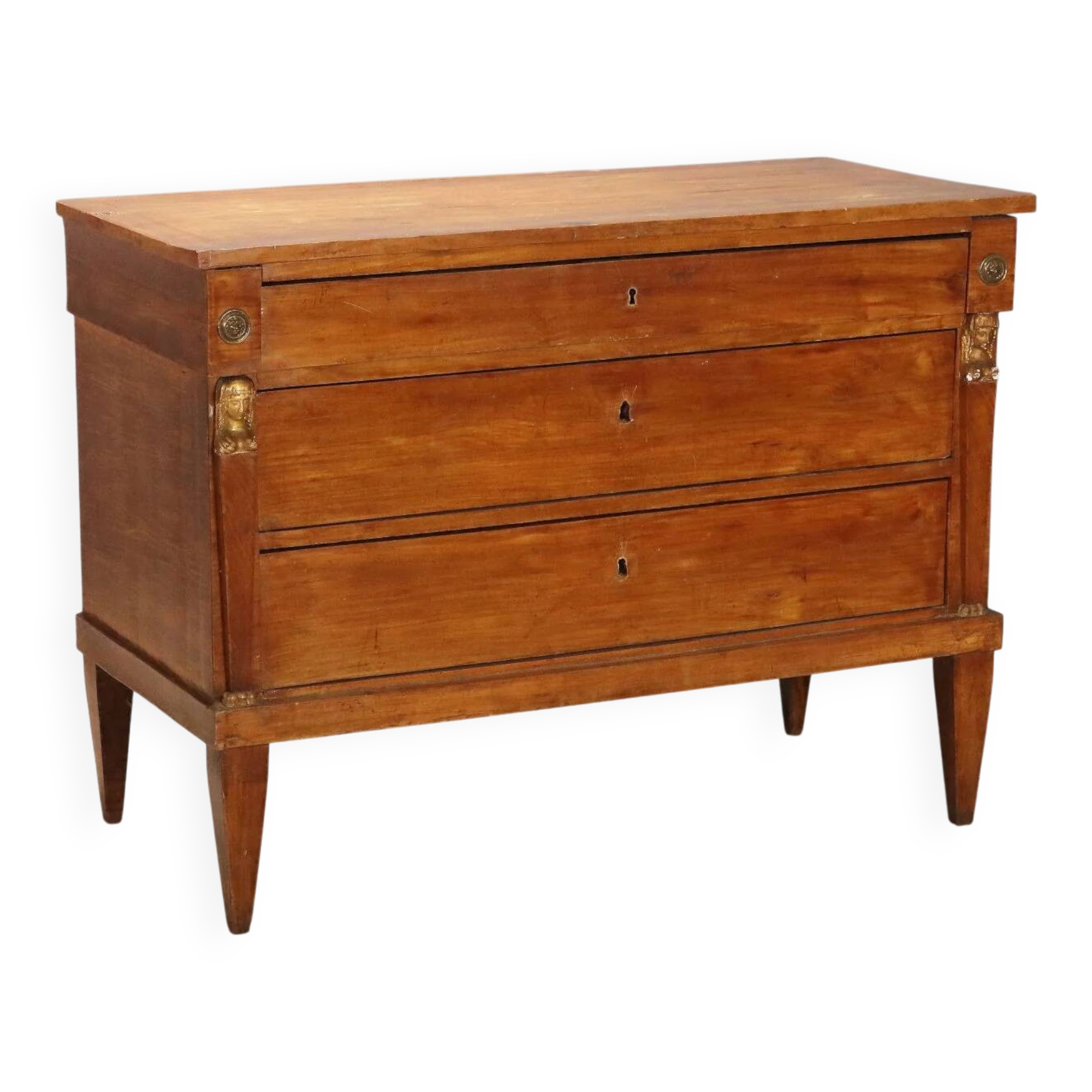 Commode Empire ancienne en noyer avec détails dorés, XIXe siècle
