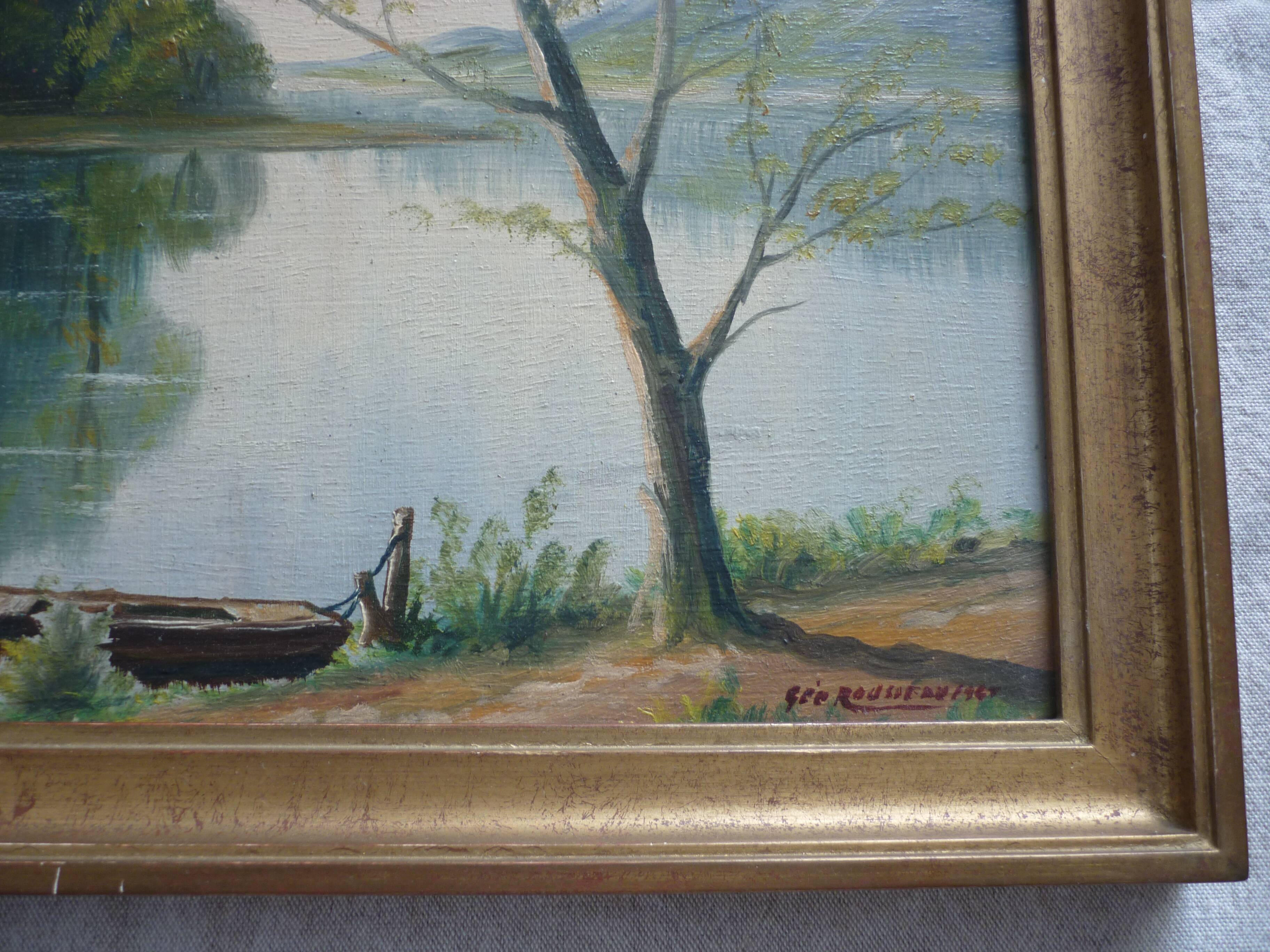 Painted framed lake landscape signed geo rousseau 1967